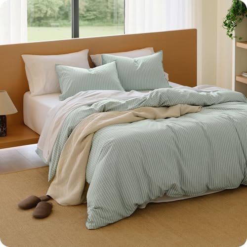 Bedsure PureWoven Striped Duvet Cover Set Linen‐Like, Queen Size, 3-PC