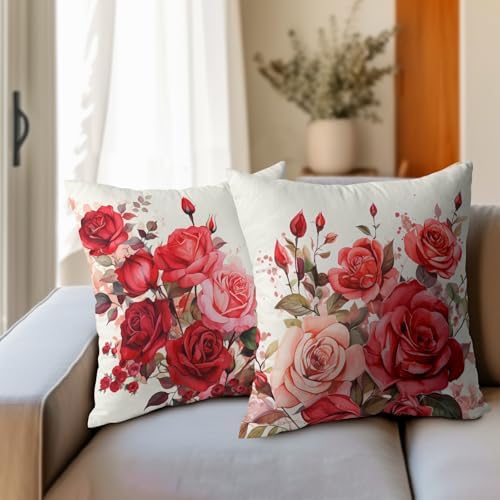 Kawani Red Rose Flowers Pillow Covers 18x18 Inch Set of 2 Valentines