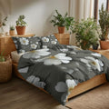 Duvet Cover Set Zipper Closure Gray Queen Quilt Cover Set 3D Floral