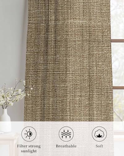 Brown Linen Sheer Curtains 96 Inch Long 2 Panels, Farmhouse Pure Color