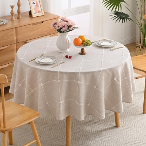 Lattice Embroidery Plaid Round Tablecloth, Round 70 Inch, Beige