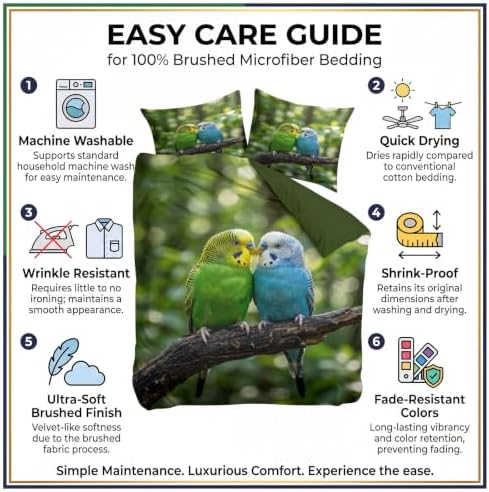 King Duvet Cover Set Soft Microfiber Animals Budgerigar