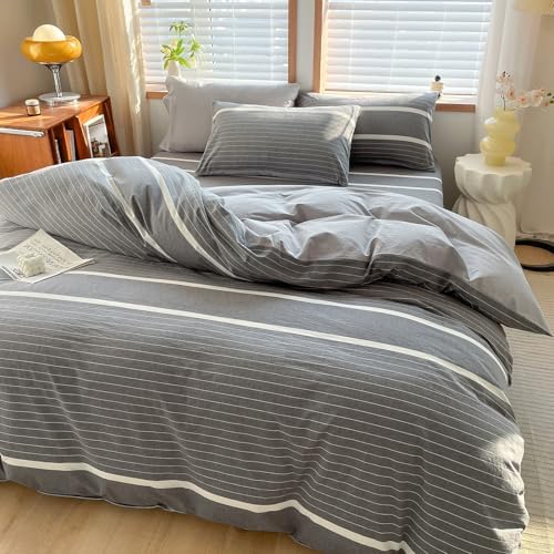 Modern Grey White Striped Duvet Cover Set TwinXL Size 3 Pieces Washed