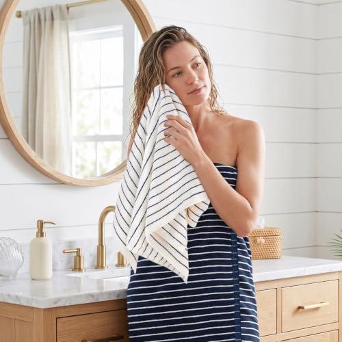 Navy Blue Bath Towels Set of 2, Striped Towels for Bathroom, Pool &