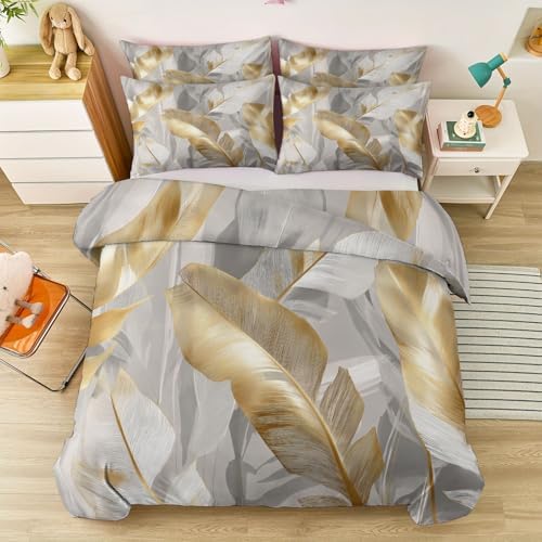 Duvet Cover Set Simple Plant Based Banana Leaf - Grey Soft Microfiber