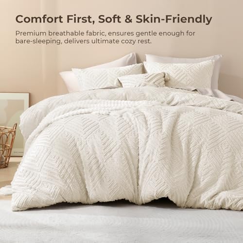 Litanika King Size Comforter Set, 3 Pieces Beige Tufted Boho Bedding