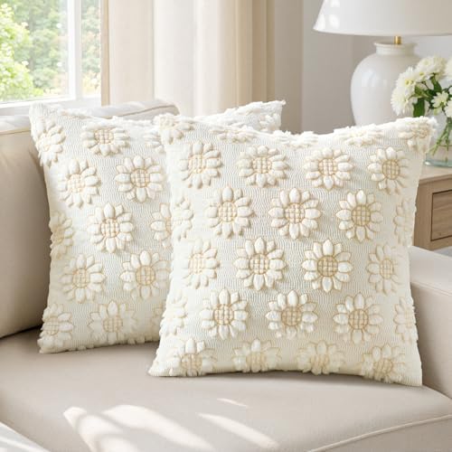 EMEMA Cream Floral Tufted Throw Pillow Covers, Set of 2 Soft Textured