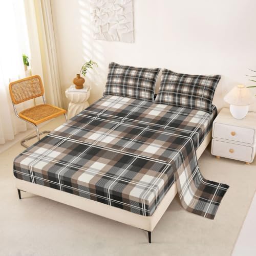 Castle Fairy Modern Plaid Sheet Set King Size,Neutral Gray Cream