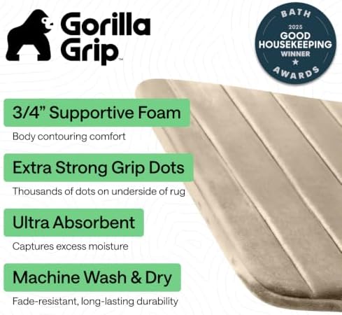 GORILLA GRIP Absorbent Memory Foam Bath and Shower Mat, 24x17 Taupe
