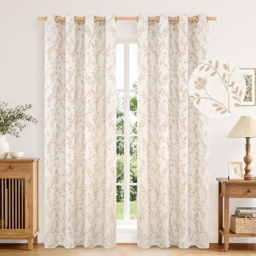 LAMIT Beige Leaf Pattern Linen Curtains 84 Inch Length for Living Room