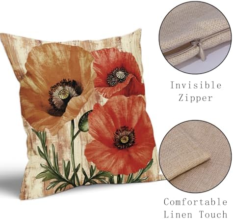 Vintage Red and Orange Floral Throw Pillow Covers 18x18 Inch Set of 2