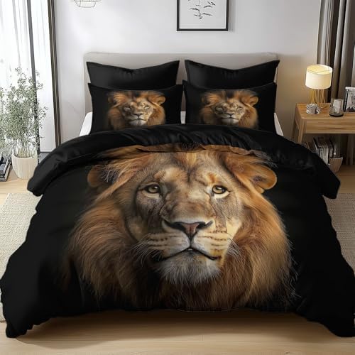 King Duvet Cover Set Photography Animal Lion Bedding with Reversible