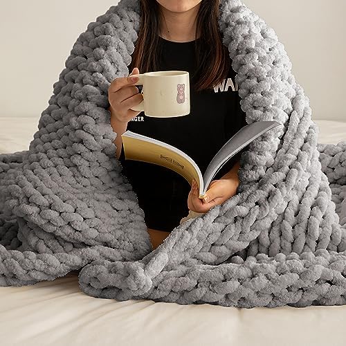 Gray Chunky Chenille Knit Throw Blanket 50x60 Inch Sofa Bed Couch
