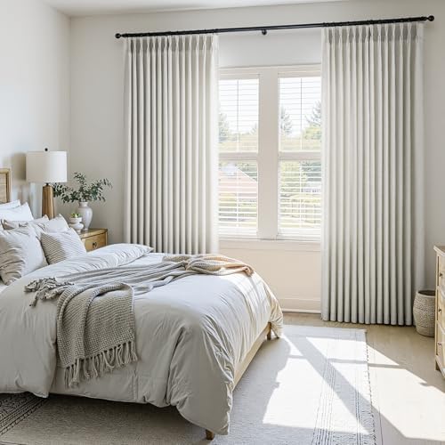 Grey Beige Pinch Pleated Linen Curtains 84 Inches Long 2 Panels