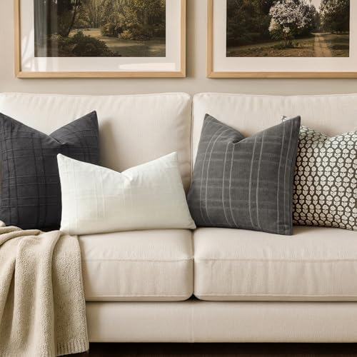 MIULEE Linen Plaid Pillow Covers Decorative Euro 24x24 Charcoal Gray