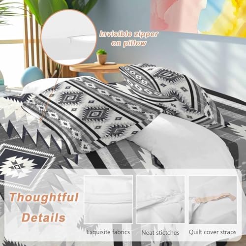 Gray Boho Duvet Cover Set, Southwestern Ethnic Aztec Retro Geometric