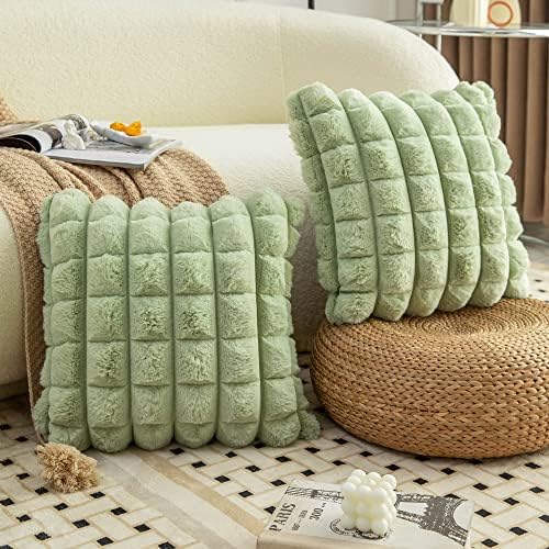 Neelvin Green Faux Fur Cozy Soft Plaid Decorative Throw Pillow Covers