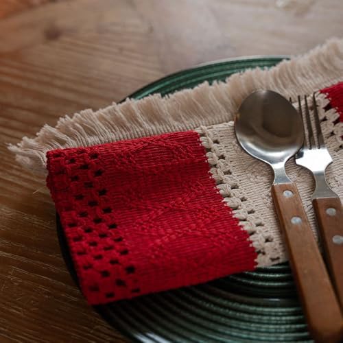 Set of 4 Placemats Woven Striped Tassels Cotton and Linen for Kitchen