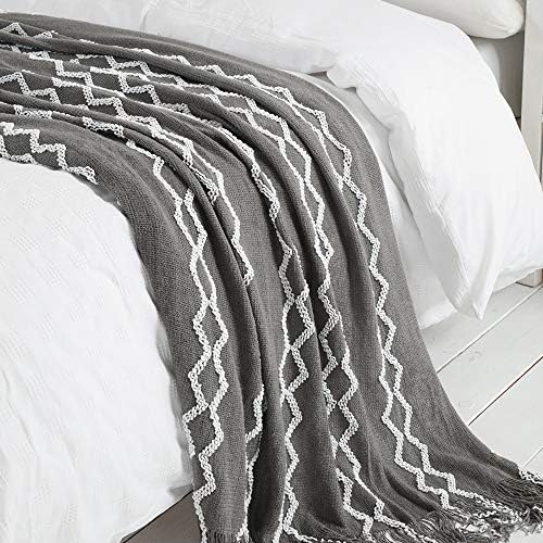 BOURINA Knitted Throw Blanket Boho Chenille Outdoor Blanket,Grey