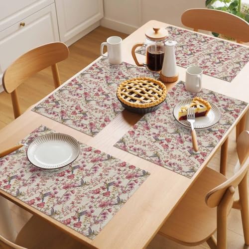 Placemats Set of 8, Pink Beige Flowers Woven Placemat, Linen Place