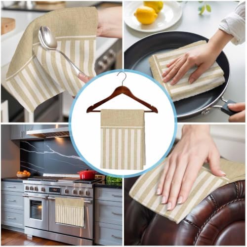 Pale Brown Striped Kitchen Towels Set of 3, Water Absorbent Dish