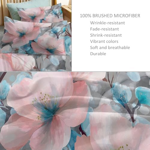 Watercolor Flowers Plants King Duvet Cover Set, Soft Microfiber