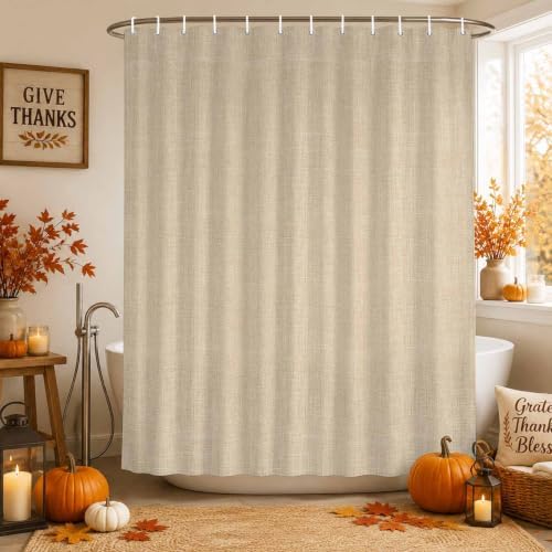 Rustic Beige Shower Curtain, Farmhouse Linen Texture Cottagecore
