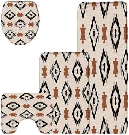 4 Pieces Bathroom Rug Sets,Western Boho Aztec Abstract Geometric