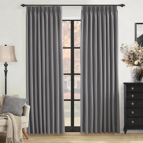 100% Blackout Pinch Pleated Linen Curtains 108 Inch for Living Room