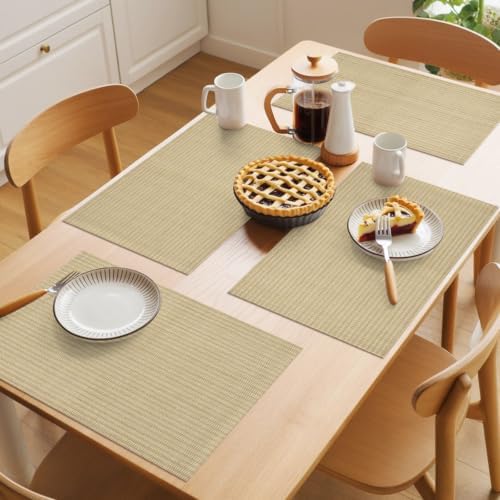Woven Texture Placemats Set of 8, Beige Straw Weave Check Rustic