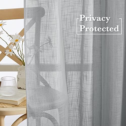 RYB HOME Grey Sheer Curtains 96 inch Length, Linen Textured Sheer