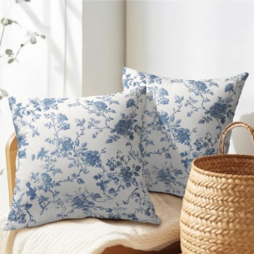 Kawani Blue Floral Pillow Covers 20x20 Inch Set of 2 Blue and Cream