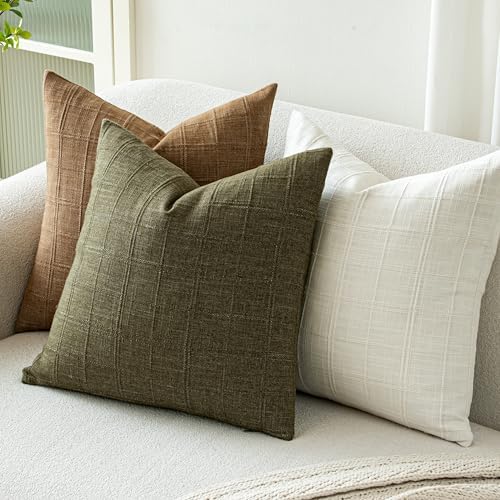 FEVERQIYI Set of 2 18x18 Olive Green Cotton Linen Plaid Pillow Covers