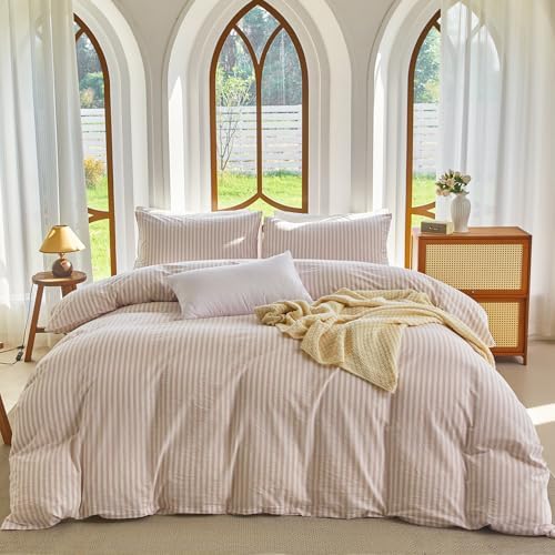 Striped Duvet Cover Set King Size 100% Washed Cotton Linen Feel