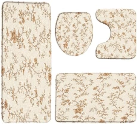 Cream Brown Floral Vine Bathroom Rugs Sets 4 Pcs