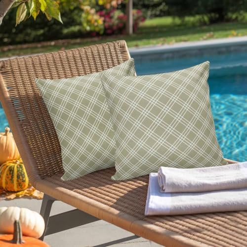Sage Green Tartan Outdoor Pillow Covers Waterproof, All Weather