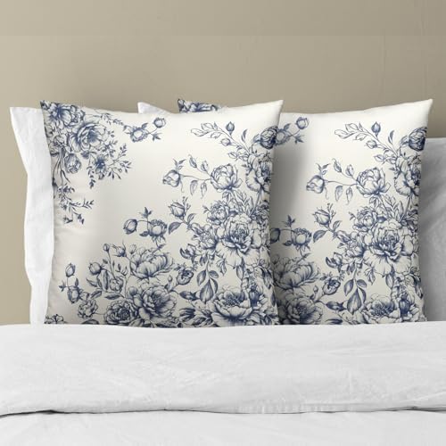 White Blue Floral Pillow Covers 22x22 Inch Set of 2, Vintage
