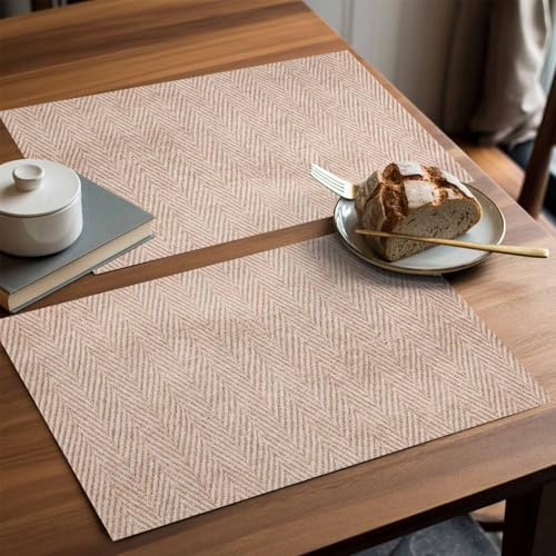 Beige Herringbone Placemats Set of 8 Modern Minimalist Woven Textured