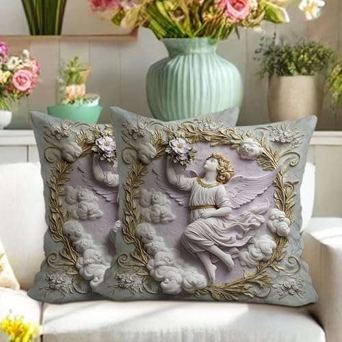 Angel Decorative Pillow Covers Set of 2, Vintage Style Cream and Gold