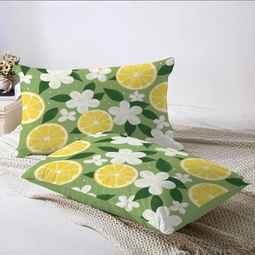 Sage Green Cartoon Lemon Slice Floral Duvet Cover Set for Women Girls