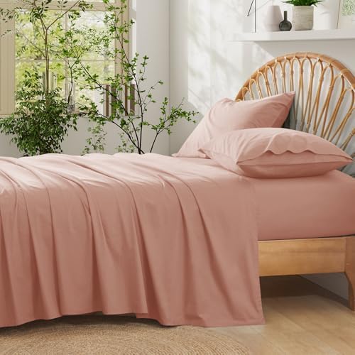 Entisn Pure Cotton Sheets Twin 3-Pc Set, 400TC, 16" Pocket, Dusty Pink