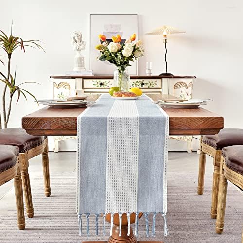 Wracra Linen Table Runner, Stripe Table Runners 48 Inches Long Blue