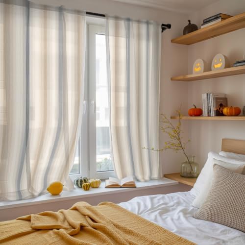 Brown Gray Striped Sheer Curtains 63 Inches Long, Modern Boho Stripes