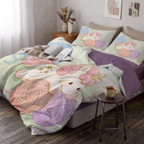 Sage Green Cute Watercolor Unicorn Duvet Cover Set For Women Girls