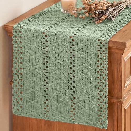 Artoid Mode Light Green Woven Farmhouse Hollow Table Runner 12x120