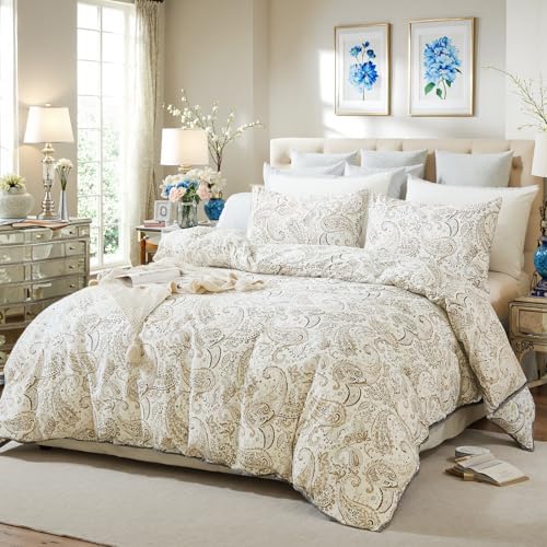 100% Cotton Duvet Cover Queen Size- 3 Pcs Grey Paisley Comforter