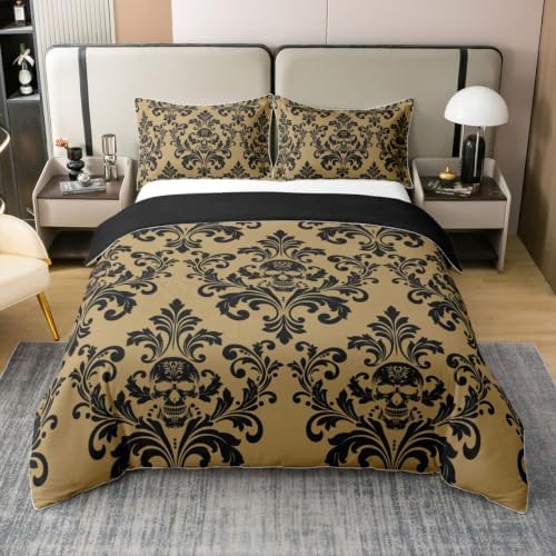 Castle Fairy Damask Skull 100% Cotton Duvet Cover Set Neutral Vintage