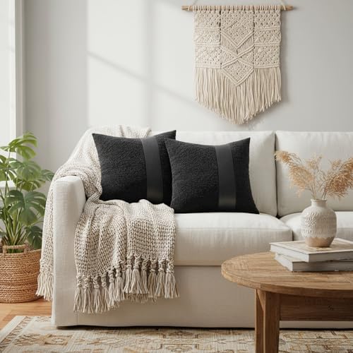 18x18 Black Boucle Throw Pillow Covers with Leather Accent, 2 PC
