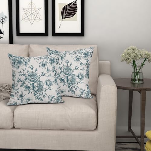 Teal and White Floral Throw Pillow Covers Turquoise Blue Cushion Case