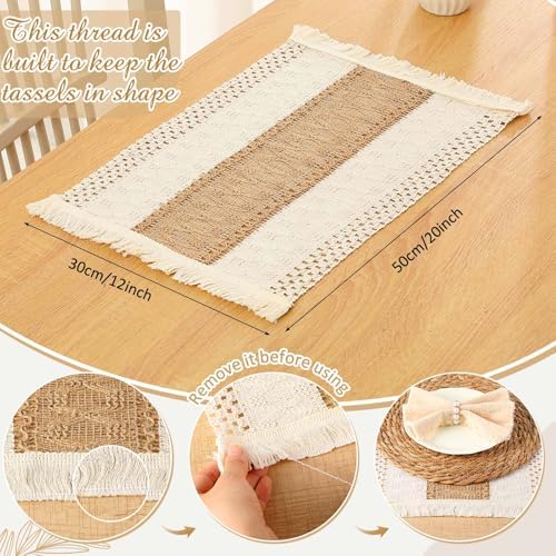 6 Sets Boho Placemats, Rattan Burlap Mats, Pearl Napkin Rings